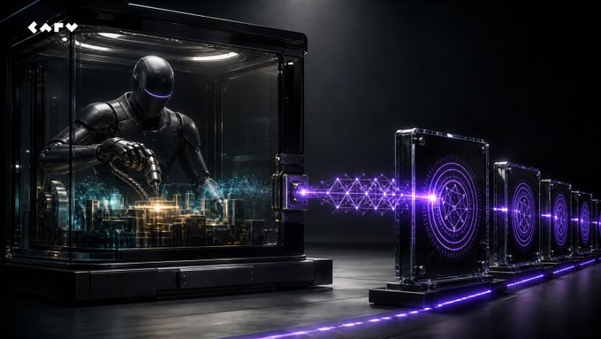 A sleek humanoid robot is enclosed within a glass chamber, manipulating a glowing miniature city, while a purple energy beam projects outward through a series of transparent panels displaying intricate geometric seals—visually representing CARV's D.A.T.A. framework that authenticates AI agent behavior at the source and cryptographically seals each verified action onchain.