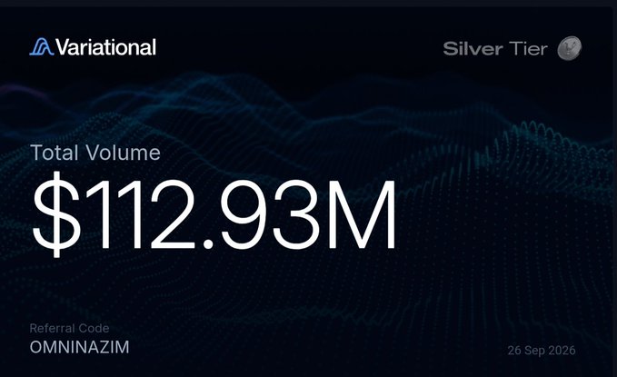 A digital dashboard displaying 'Variational' branding, 'Silver Tier' status, and a 'Total Volume' of '$112.93M', with a 'Referral Code OMNINAZIM' and date '26 Sep 2026'.