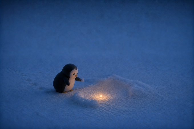 A small penguin figurine sits in the snow at twilight, gazing at a glowing candle nestled in a small hollow.