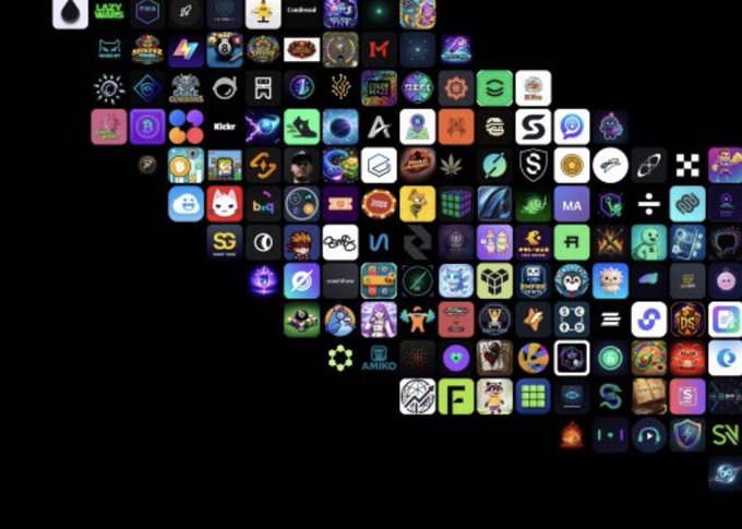 The image features a large grid of various app icons, including logos for different companies such as Apple, Instagram, and Solana. The apps are arranged in rows and columns against a black background, creating an organized and visually appealing layout. The caption provided below the image suggests that these app icons represent different aspects or functionalities of the App Store ecosystem, possibly related to social media platforms or cryptocurrency solutions like Bitcoin Cash.