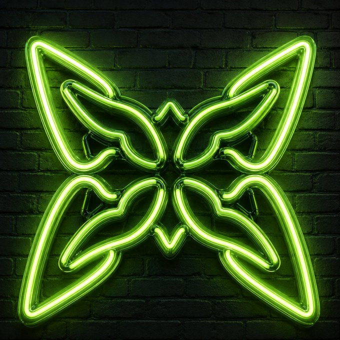 A glowing green neon butterfly design mounted on a dark brick wall.