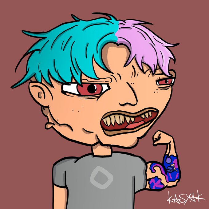 A cartoon character with split blue and pink hair, sharp fangs, and a bulging tattooed arm flexes in a deranged grin, visually embodying the hype and reckless enthusiasm of memecoin culture. The signature "KASXAK" appears in the bottom right corner, tying the edgy artwork to the post's dilemma of risky crypto investment versus basic survival.