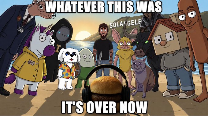 A group of animated characters—including a unicorn, dog, ghost, cat, and others—gather on a beach around headphones with a face, with text reading "WHATEVER THIS WAS" at the top and "IT'S OVER NOW" at the bottom, along with "SOLAXGELE" visible in the background.