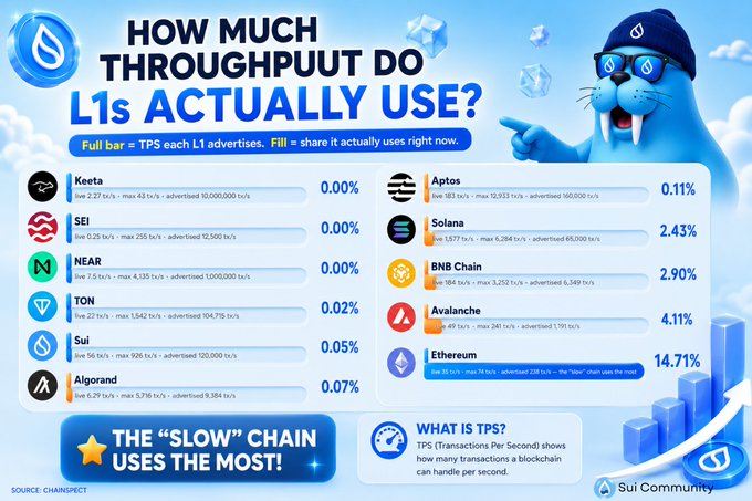 An infographic titled 'HOW MUCH THROUGHPUT DO L1s ACTUALLY USE?' showing percentages for chains like Keeta, SEI, NEAR, TON, Sui, Algorand, Aptos, Solana, BNB Chain, Avalanche, and Ethereum, noting 'THE SLOW CHAIN USES THE MOST!' from the Sui Community.