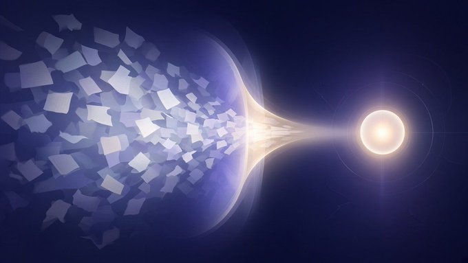 An abstract digital illustration showing a glowing central sphere on the right pulling or emitting scattered translucent squares that form a stream or funnel shape across a deep blue background.