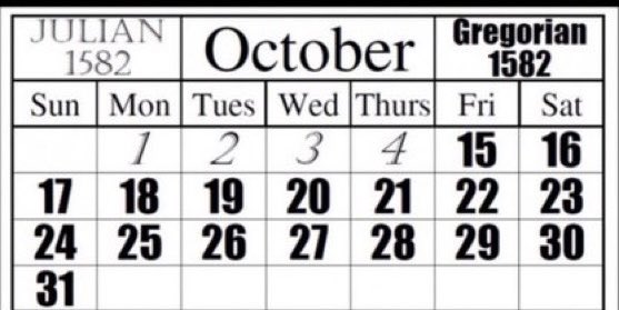 A calendar for October 1582 showing both Julian and Gregorian dates, illustrating the transition period when October 1-4 are shown in italic Julian dates and October 15-31 begin the Gregorian calendar.