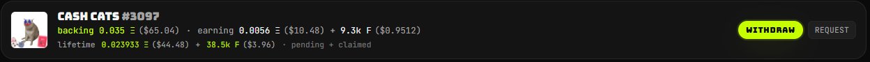 Screenshot of a 'CASH CATS #3097' NFT profile showing backing and earning stats with a 'WITHDRAW' button highlighted in green.
