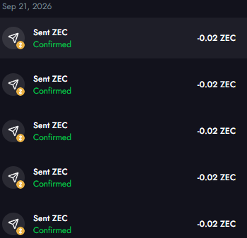A mobile screen showing multiple 'Sent ZEC' transactions of -0.02 ZEC each, all marked as 'Confirmed' in green text on a dark background.