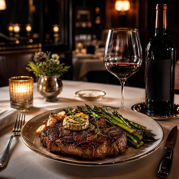 A fine dining table features a grilled steak topped with herb butter alongside asparagus and potatoes, accompanied by a glass of red wine, a candle, and a wine bottle.