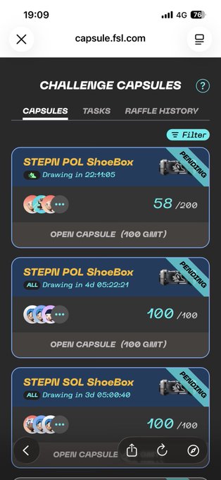 Screenshot of capsule.fsl.com showing the Challenge Capsules page with tabs for Capsules, Tasks, and Raffle History, displaying pending STEP'N POL ShoeBox draws.