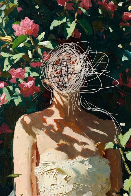 An impressionist-style painting of a woman in a cream dress whose face is obscured by chaotic white scribbles, set against pink flowers and green foliage.