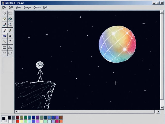 A MS Paint drawing showing a stick figure with a swirly head standing on a cliff under a starry night sky, gazing at a large, rainbow-colored planet in the distance.