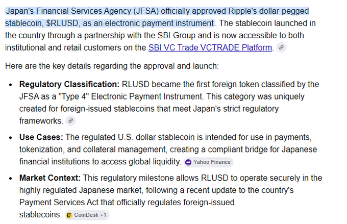 A social media post highlights Japan's Financial Services Agency (JFSA) officially approving Ripple's $RLUSD stablecoin as a "Type 4" Electronic Payment Instrument, with key partners SBI Group and SBI VC Trade VCTRADE, following updates to Japan's Payment Services Act.