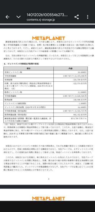 A page from a 'METAPLANET' corporate disclosure document in Japanese, detailing transaction records and impact assessment with a filename '140120261005546273....contents.xj-storage.jp' at the top.
