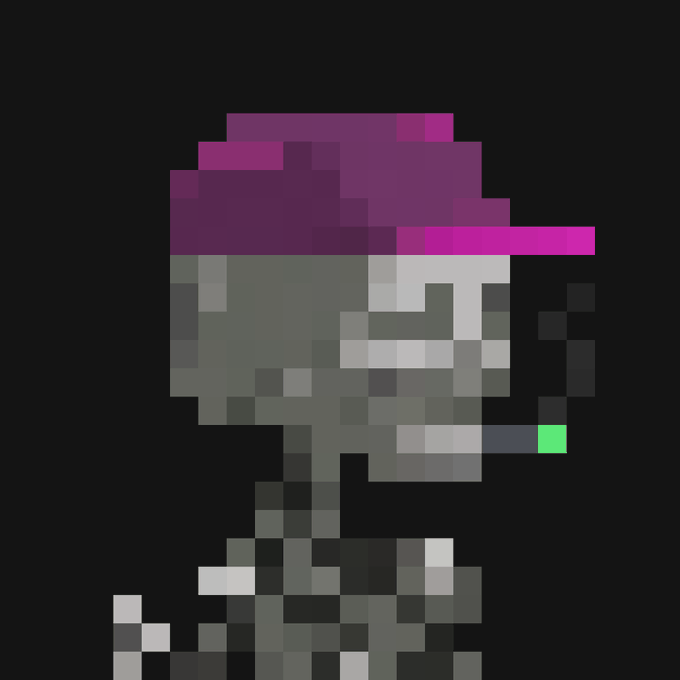 A pixel art portrait of a figure with a purple/pink hat against a black background.