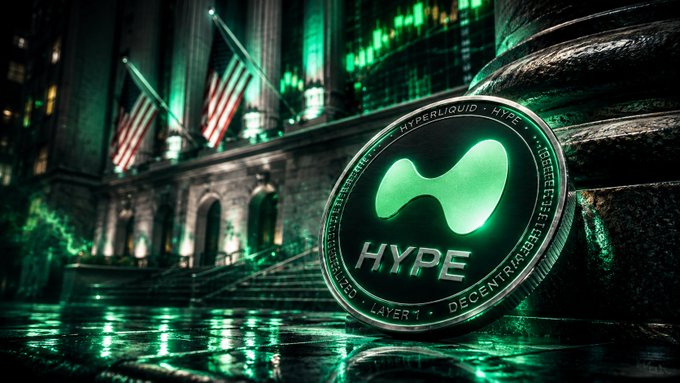 A 3D-rendered cryptocurrency coin graphic for 'HYPE' token displayed in glowing green, with text around the rim reading 'HYPERLIQUID', 'HYPE', 'DECENTRALIZED', and 'LAYER 1', set against a dark cyberpunk-style city background with American flags and a building resembling the New York Stock Exchange.