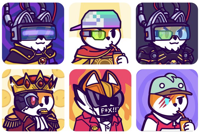 Grid of six stylized cartoon character icons featuring animals in cyberpunk, king, and streetwear outfits with accessories like VR headsets, sunglasses, and baseball caps.