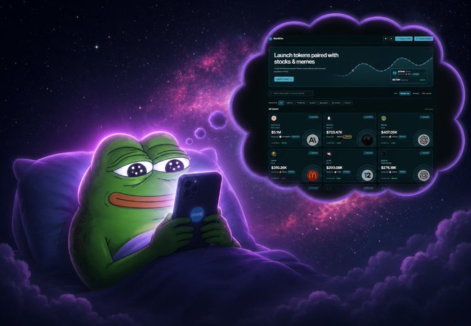 A Pepe the Frog character lies in bed against a cosmic backdrop, gazing at a smartphone that displays a dream bubble showing the Stonkfun crypto platform interface with headlines reading "Launch tokens paired with stocks & memes" alongside various token listings. The image playfully illustrates the post's message about earning rewards simply by holding $20 worth of stonkfun reward tokens.