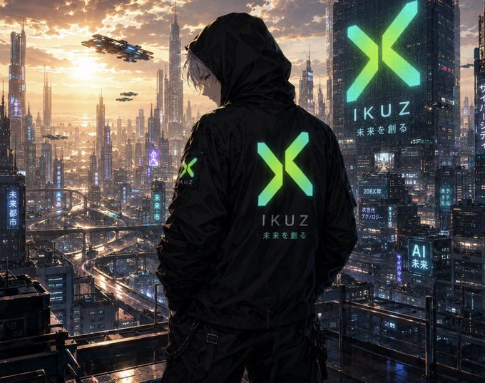 A futuristic cyberpunk-style illustration of a hooded figure wearing a black jacket emblazoned with a glowing green 'X' logo and 'IKUZ' text, overlooking a neon-lit cityscape with Japanese characters like '未来都市' and '未来を創る'.