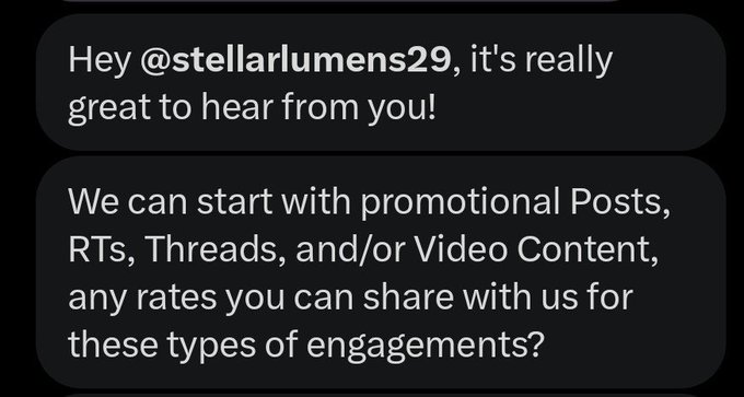 Screenshot of a direct message conversation asking about rates for promotional Posts, RTs, Threads, and/or Video Content engagements.