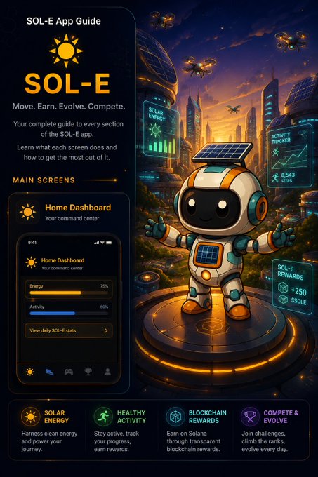 The image features a cartoon robot wearing an orange suit with a white helmet and holding a solar panel. The robot appears to be standing on a platform, possibly a spaceship or a city street, surrounded by buildings and other robots. The text above the robot reads "Sol-E Track your activity, harness clean energy, and earn rewards on SOLANADA—all through the SolarRunner app". This suggests that the image is related to an advertisement for the Sol-E app, which encourages users to track their activities using solar panels as a source of clean energy.