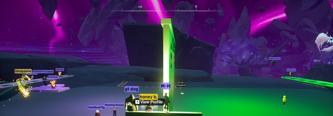 A video game screenshot featuring a glowing green pillar/beam in a dark landscape with purple/pink cosmic elements, with player usernames like 'gt dog', 'honey b', and 'Mamma Russo' visible.