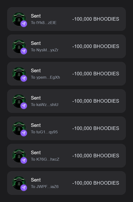 The image displays a series of transaction records showing "-100,000 BHOODIES" sent to seven different wallet addresses (with anonymized usernames like tYK8...zEIE, NysM...yxZr, etc.). This appears to be evidence supporting the airdrop claim for the "$BHOODIES" token, allegedly distributed to the first 500 participants who followed the instructions (follow, retweet, like, comment, and provided a $SOL address) as outlined in the post promoting the bullhoodies.fun project.