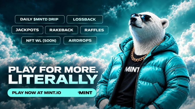 The image shows a promotional banner for PlayOnMint (MINT) featuring a sunglasses-wearing polar bear in a teal puffer jacket against a cloudy sky, listing reward mechanics like "DAILY $MNTD DRIP," "LOSSBACK," "JACKPOTS," "RAKEBACK," and "RAFFLES," with the tagline "PLAY FOR MORE. LITERALLY" and a call-to-action directing users to MINT.IO. The banner visually reinforces the post by highlighting the same reward structures and upcoming NFT whitelist opportunities available to players on the platform.
