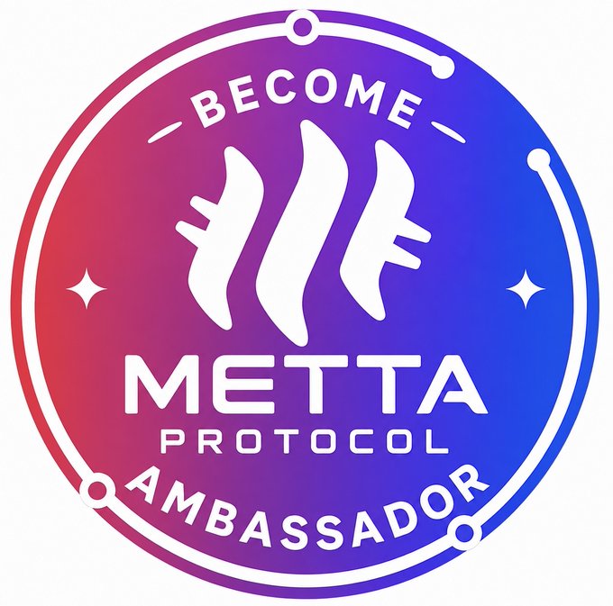 A circular purple and pink badge reads 'BECOME METTA PROTOCOL AMBASSADOR' with a stylized white logo in the center.