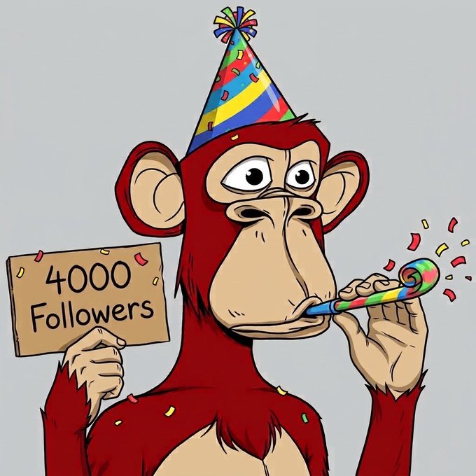 A cartoon illustration of a monkey wearing a colorful party hat blows a rainbow party horn while holding a cardboard sign reading '4000 Followers' with confetti scattered around.