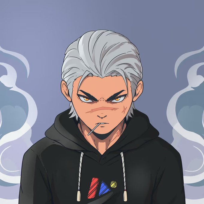 An anime-style illustration features a stern-looking male character with spiky white hair, orange eyes, a small facial scar, and a toothpick in his mouth, wearing a black hoodie against a purple background with stylized smoke.