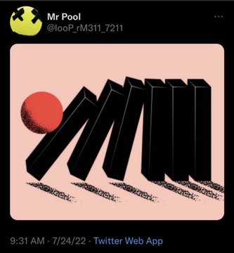 A tweet from Mr Pool (@looP_rM311_7211) posted at 9:31 AM on 7/24/22 features an illustration of black dominoes toppling in sequence with a red ball at the start, paired with the caption about Japan being ready and "Nakamoto SAtoshi" preparing to lift an NDA—using the falling dominoes as a visual metaphor for a chain reaction being set into motion.