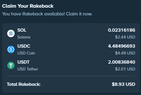 The image displays a "Claim Your Rakeback" screen from Stake, showing available rakeback balances of 0.02316186 SOL ($2.44), 4.48496693 USDC ($4.48), and 2.00836840 USDT ($2.01), totaling $8.93 USD to be given away on Day 1 of the promotion.