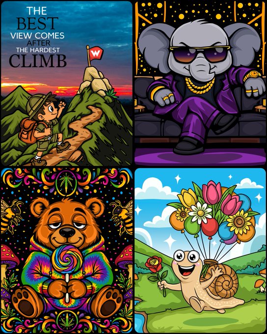 A 2x2 grid of colorful cartoon illustrations featuring a hiker on a mountain with the text 'THE BEST VIEW COMES AFTER THE HARDEST CLIMB', a stylish elephant in sunglasses and gold chains, a psychedelic teddy bear with a lollipop, and a snail with balloons holding a rose.