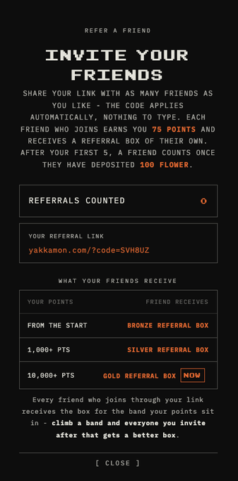 A "REFER A FRIEND" promo screen titled "INVITE YOUR FRIENDS" with a referral link "yakkamon.com/?code=SVH8UZ" and a tiered reward system including Bronze, Silver, and Gold Referral Boxes based on points.