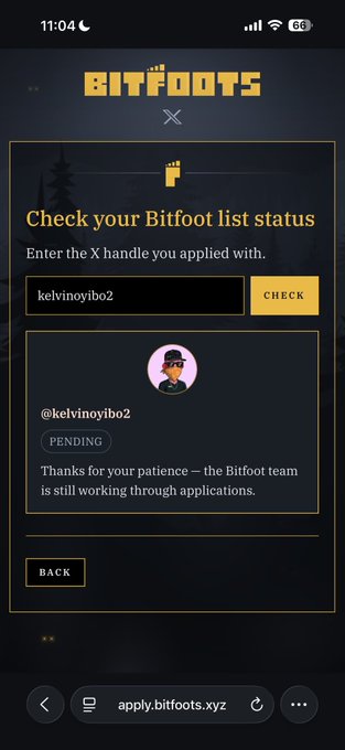 The image shows a Bitfoots whitelist application status check page displaying the X handle "kelvinoyibo2" with a "PENDING" status and the message "Thanks for your patience — the Bitfoot team is still working through applications." This directly supports the post's frustration about being stuck in limbo on the waitlist—not rejected, not accepted—just pending, which the user describes as a tough spot to be in.