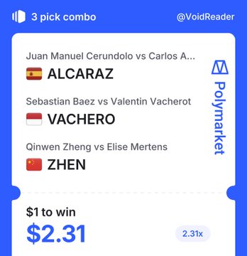 A sports betting slip titled '3 pick combo' showing a parlay on Alcaraz, Vachero, and Zhen, with a $1 bet to win $2.31 (2.31x) via Polymarket.