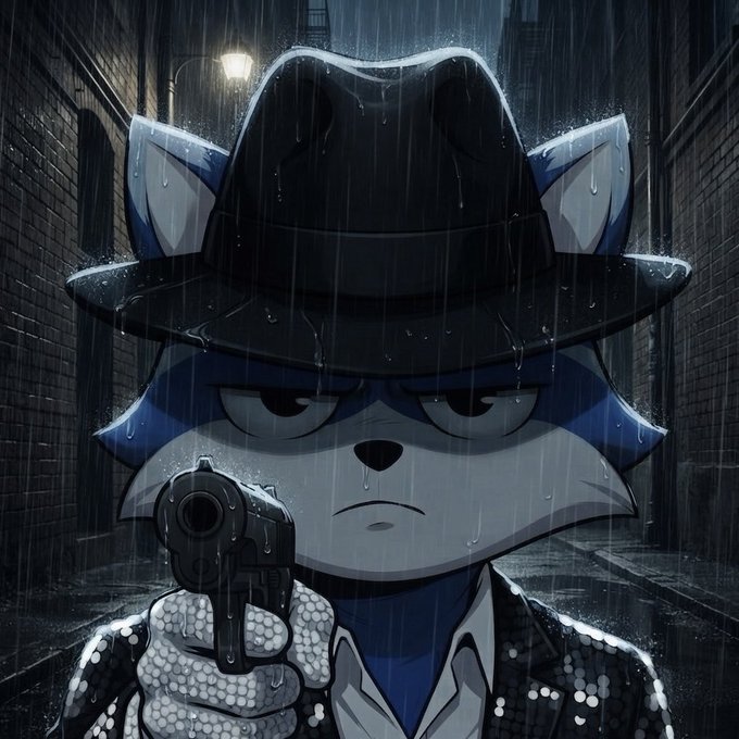 An anthropomorphic cat wearing a black fedora and sequined suit, holding a pistol in a rainy alleyway.