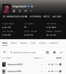 A webpage for an NFT collection called 'Argonauts' showing items like 'Argonaut #0953' and 'Argonaut #1591' with prices in ETH.