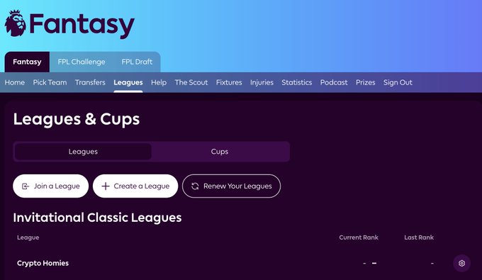A screenshot of the Premier League Fantasy website, showing the 'Leagues' section with a 'Crypto Homies' league under 'Invitational Classic Leagues'.