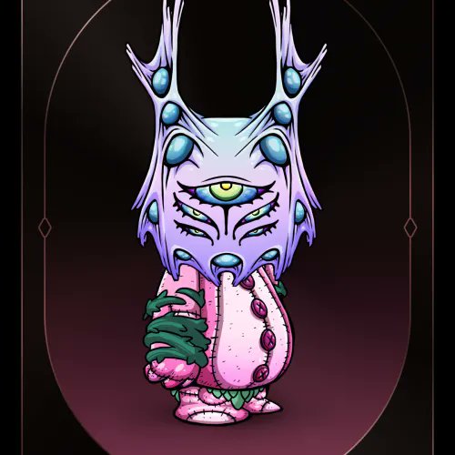 An artistic illustration of a fantastical creature featuring a purple and white stag beetle-like head with blue gem eyes and a central green eye, with a pink fleshy body clutching a tentacled green heart.