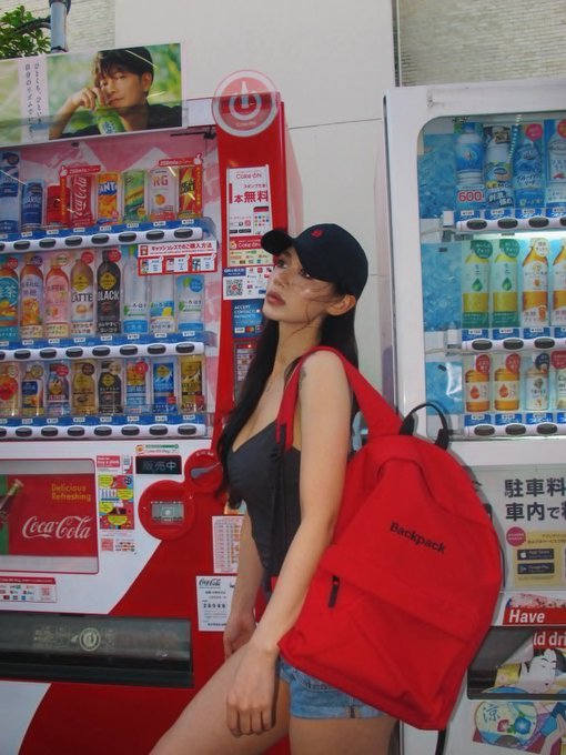 A young woman wearing a black cap, dark top, and denim shorts, carrying a bright red 'Backpack' and standing in front of Japanese vending machines stocked with drinks.