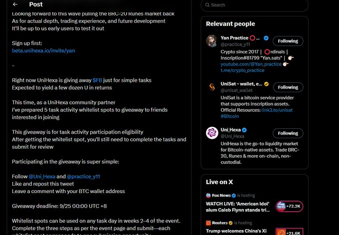 A tweet from Yan (@practice_y11) promoting a UniHexa whitelist giveaway, with a beta.unihexa.io invite link and instructions to follow @Uni_Hexa, like/retweet, and leave a BTC wallet address by the 9/25 00:00 UTC +8 deadline. The accompanying BTC wallet address (bc1peh08fn5wz6g672ny62mdvmt3cq3ndr0wxwfs9zmkvzguq6yuw6gq49p2z0) corresponds to the address participants must submit to qualify for the giveaway.