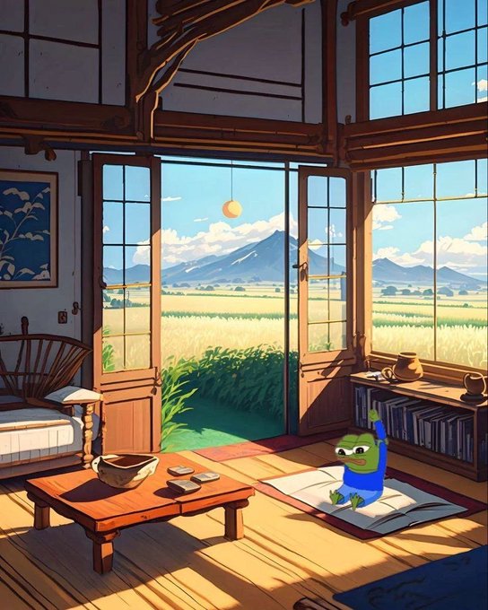 A Pepe the Frog character sits on a book, looking out at a serene landscape of fields and mountains, embodying a peaceful "Gm" morning.