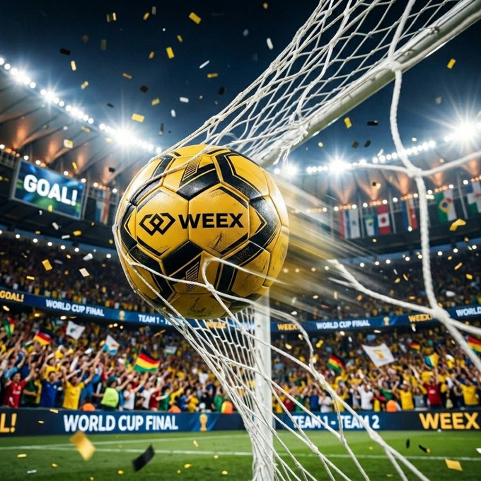 Sports-themed promotional image showing a yellow and black soccer ball with the 'WEEX' logo hitting a net during a World Cup Final match, with confetti and cheering crowds.