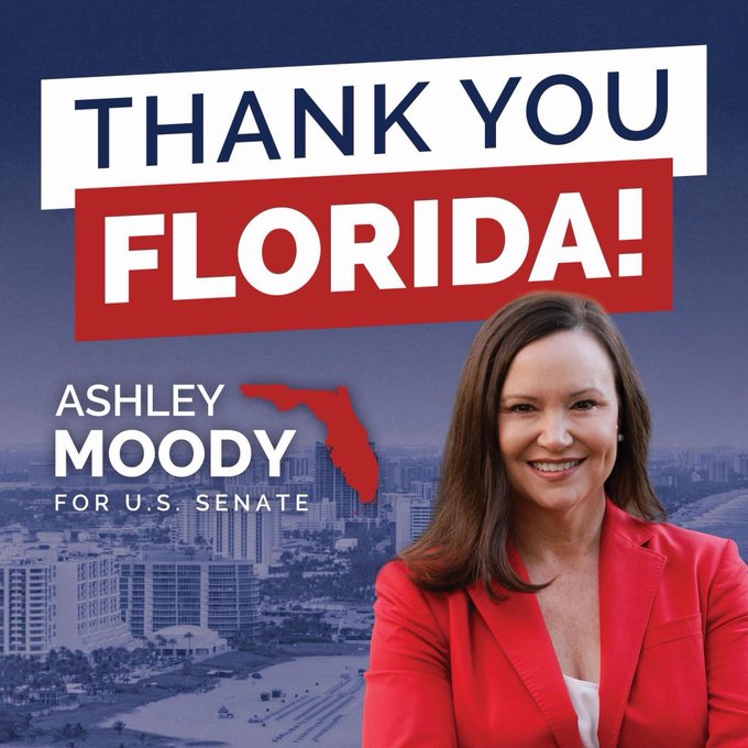 A political campaign graphic reading 'THANK YOU FLORIDA!' featuring 'ASHLEY MOODY FOR U.S. SENATE' alongside her photo in a red jacket over a blue-tinted coastal city skyline.