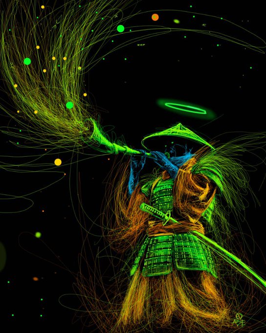 A digital artwork depicting a samurai in green armor with a glowing green halo, holding a sword against a dark background with swirling green and orange particles.