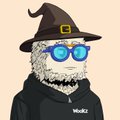 An avatar of a character with a gray beard wearing a black witch hat, round blue sunglasses, and a black hoodie.