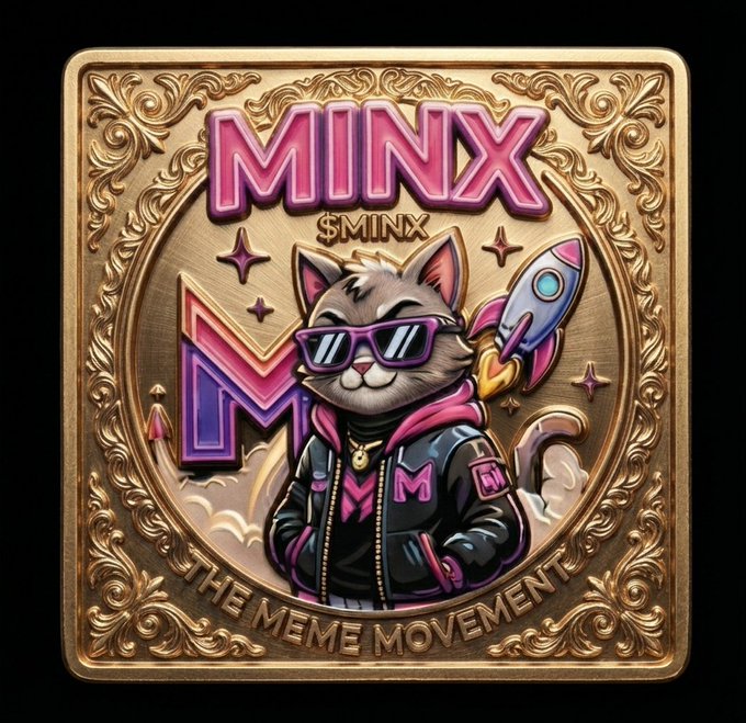 A digital illustration features a cat wearing sunglasses and a jacket holding a rocket, set against a golden ornate background with the text 'MINX' and '$MINX' along with 'THE MEME MOVEMENT'.