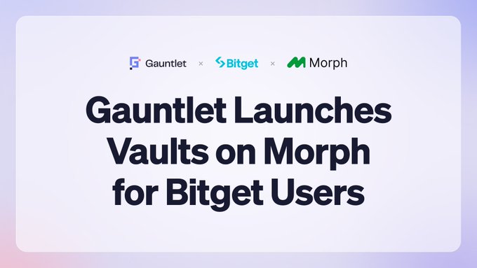A promotional graphic announcing 'Gauntlet Launches Vaults on Morph for Bitget Users,' displaying the logos of the three partner companies.